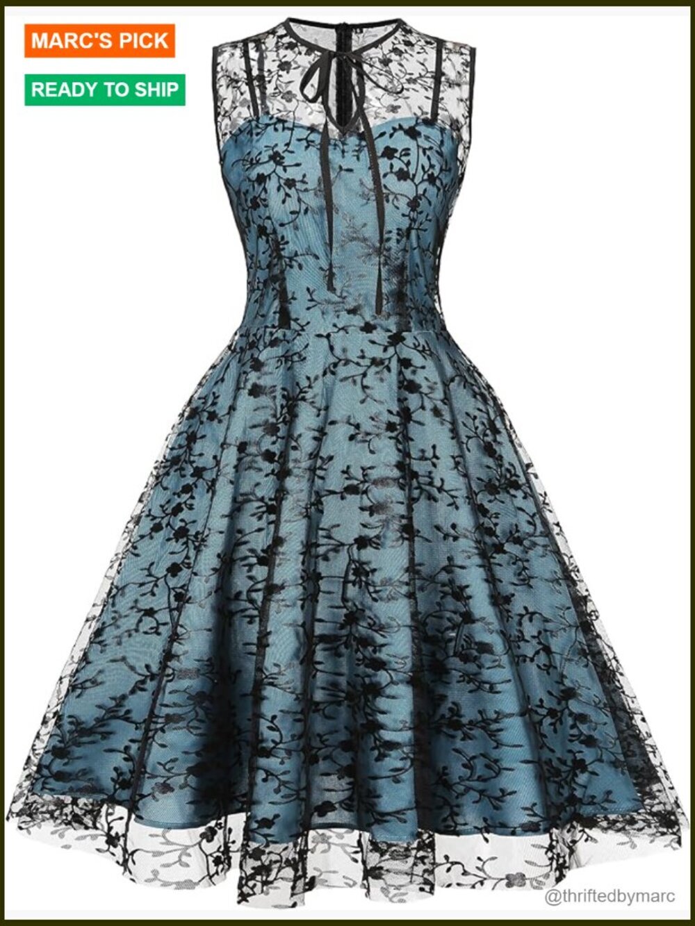 Vintage Floral Embroidery Swing Dress Illusion 50s Goth Flared A Line Casual